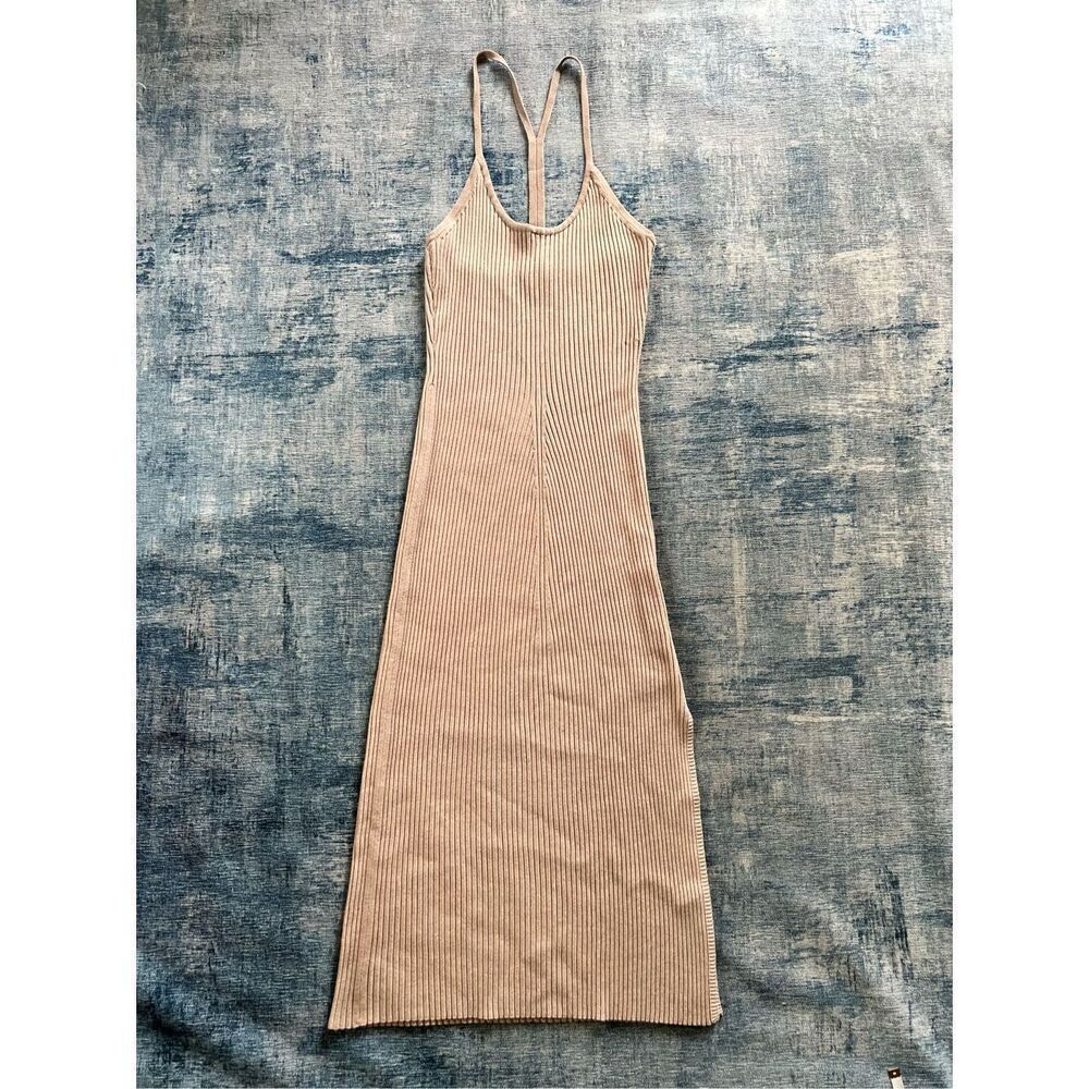 WAYF'98 Beige Ribbed Knit T Back Midi Dress with Side Slit Size 1X